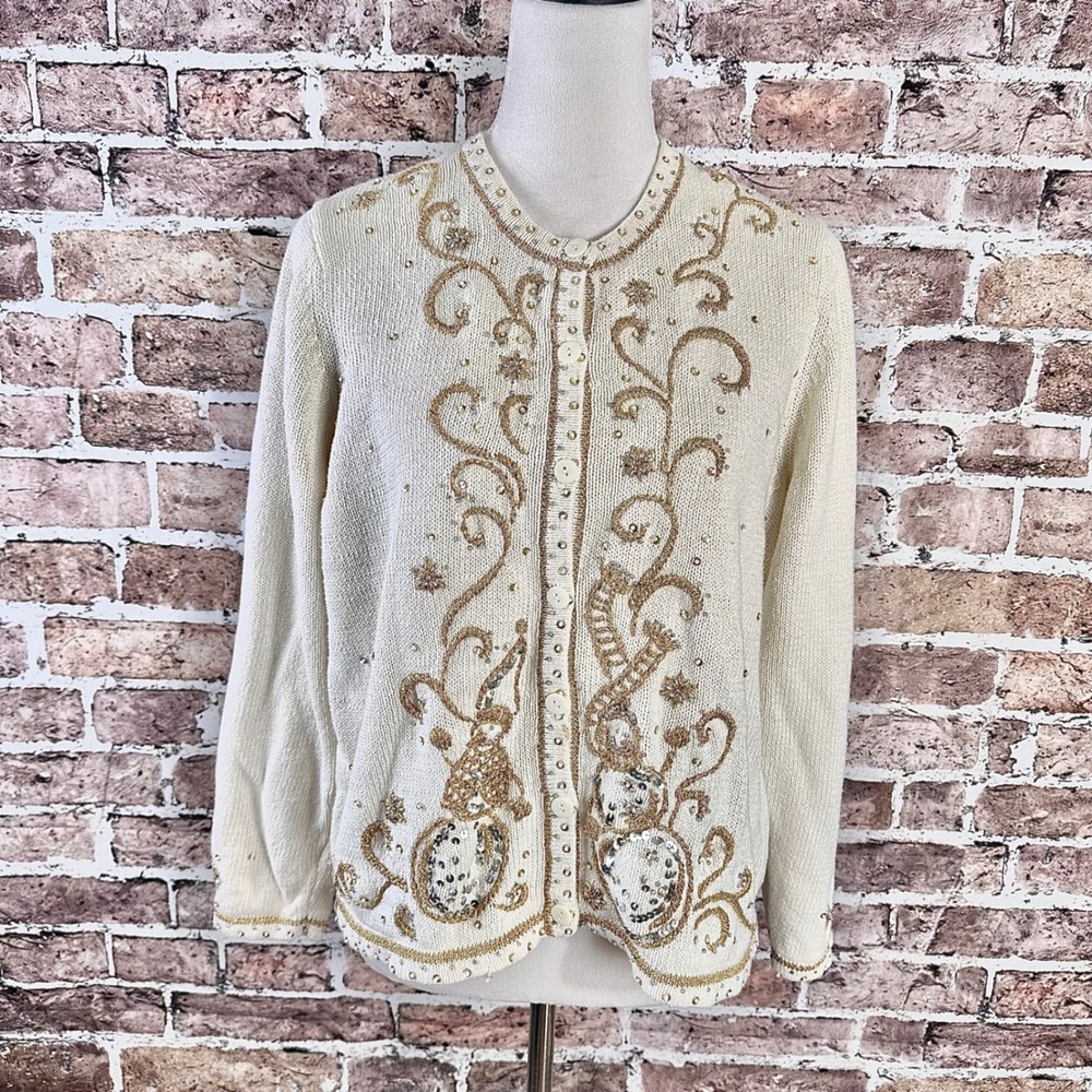Snowman Sequin Beaded Cardigan Sweater Winter White‎ Holiday L G 12 14
